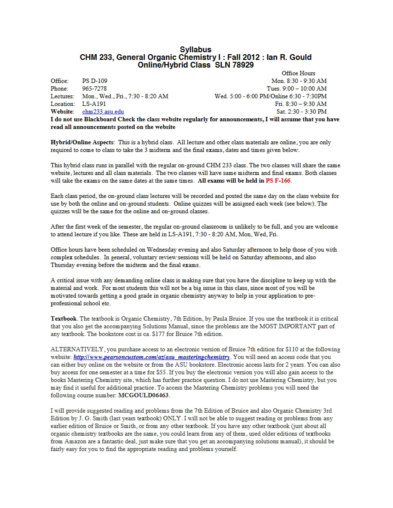 General Organic Chemistry I Syllabus