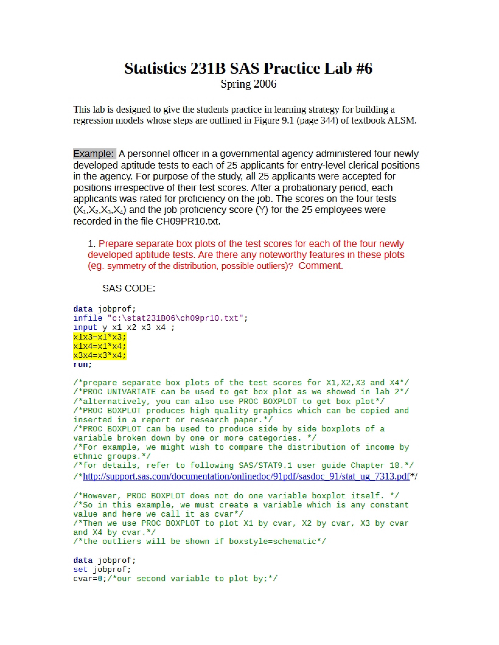 SAS Practice Lab 6 for Statistics