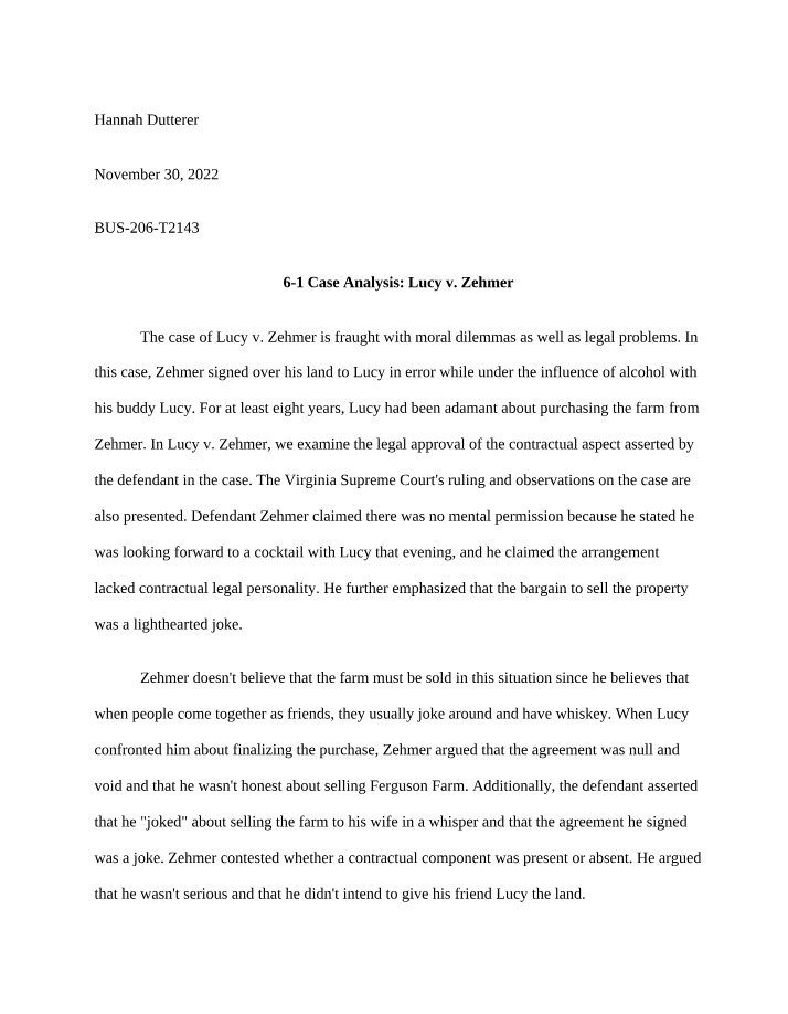 Lucy v. Zehmer - Analyzing Legal and Moral Dilemmas