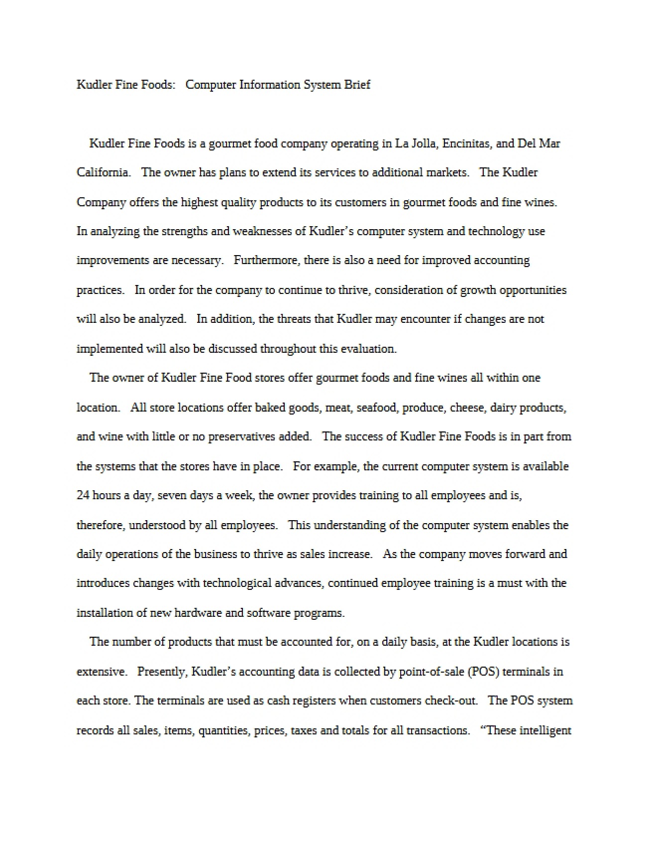 Brief on Kudler Fine Foods' Computer Information System