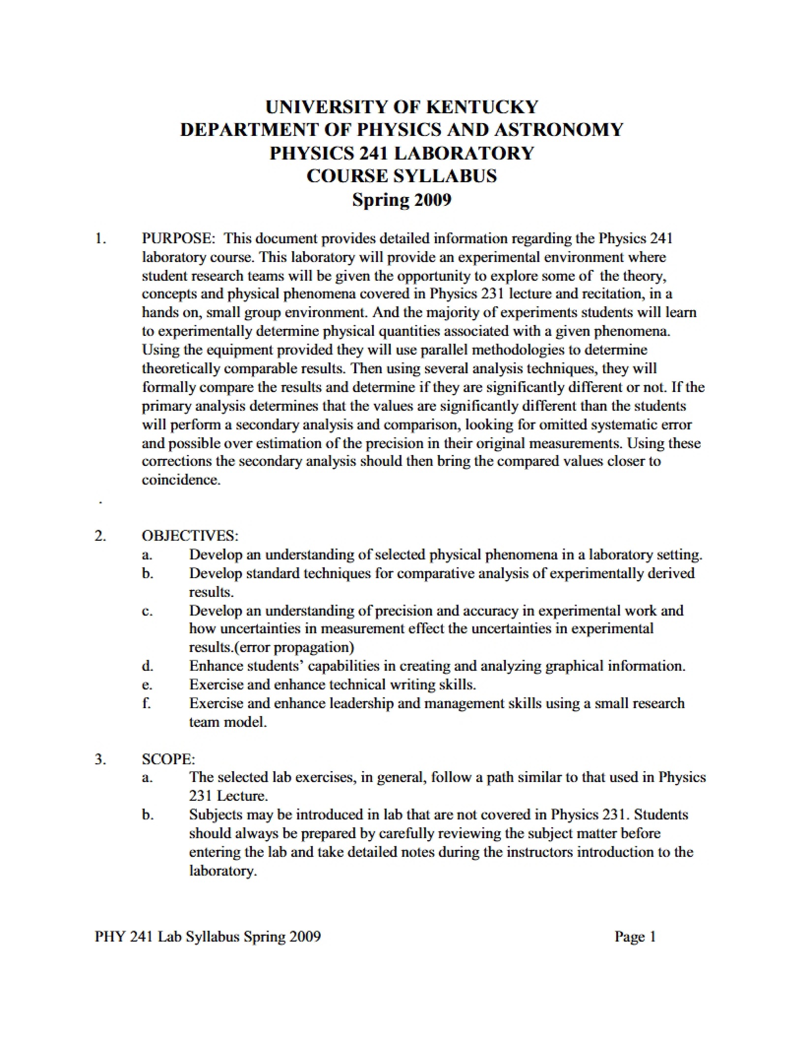 Syllabus for PHY 241 - Gen University Phy Lab