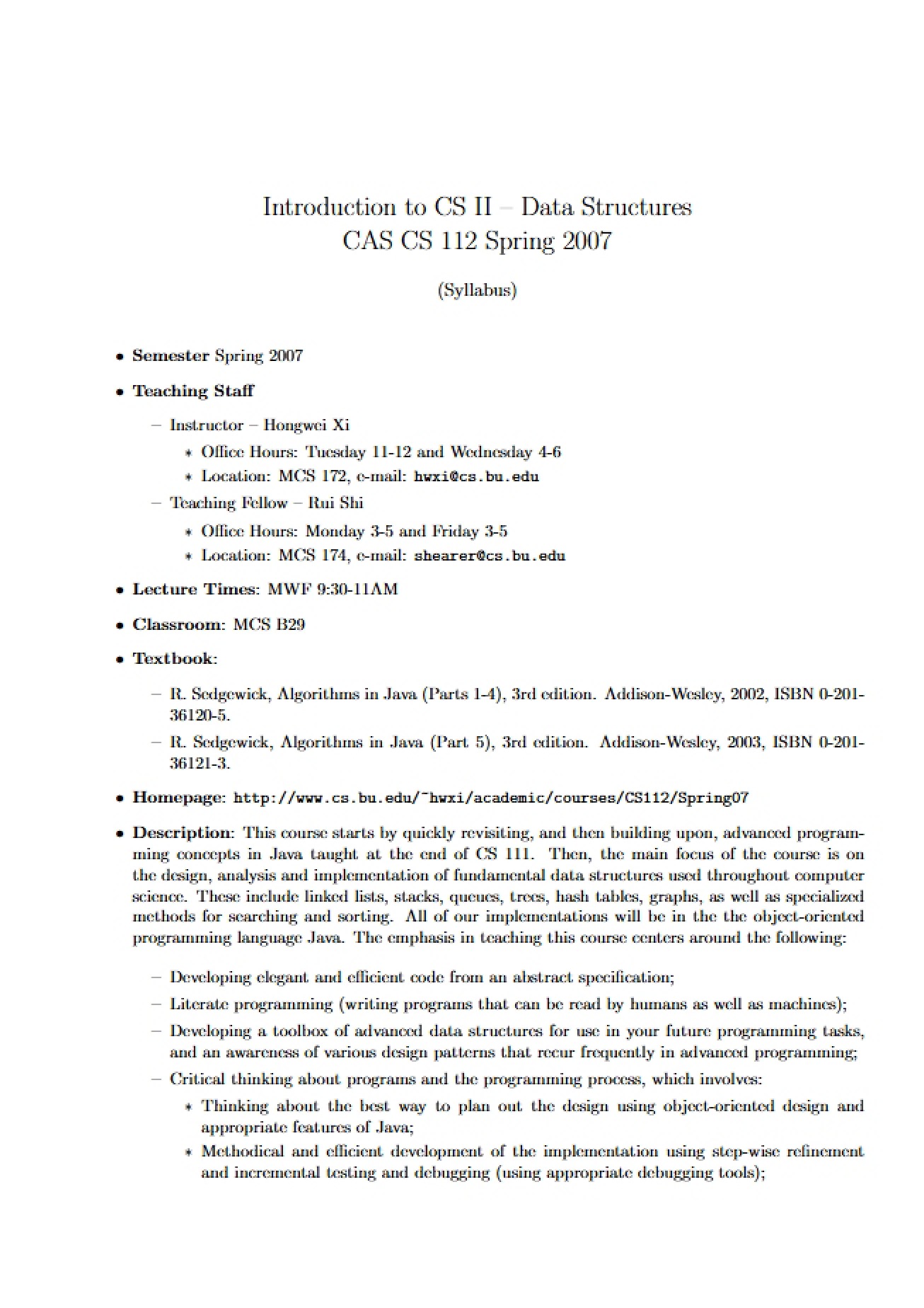 Syllabus for the Data Structures Course