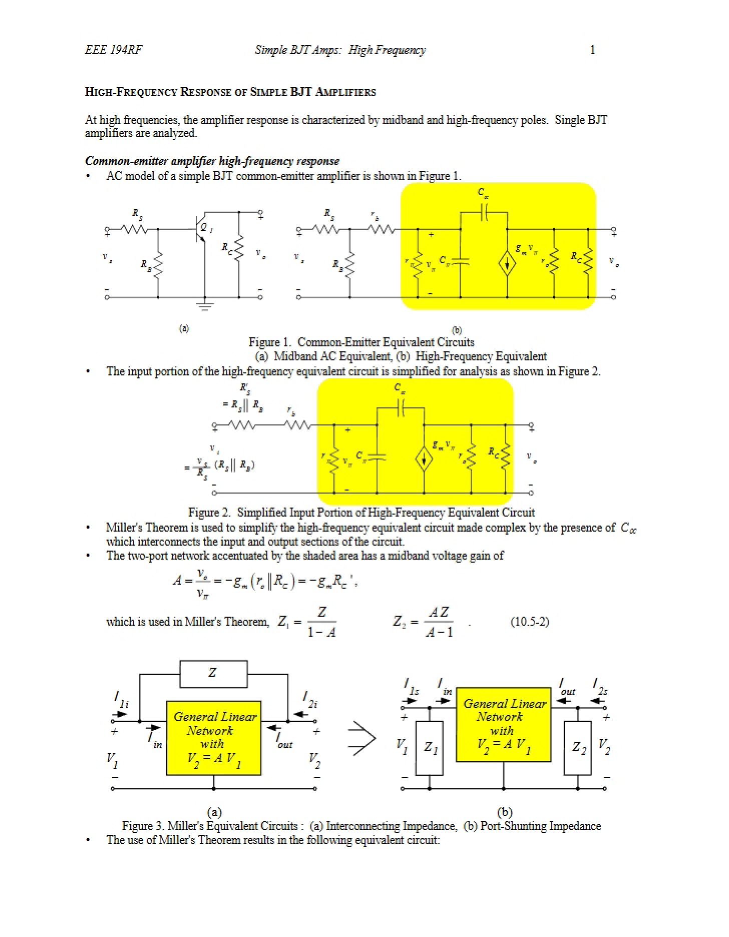 Simple BJT Amp Response at High Frequency