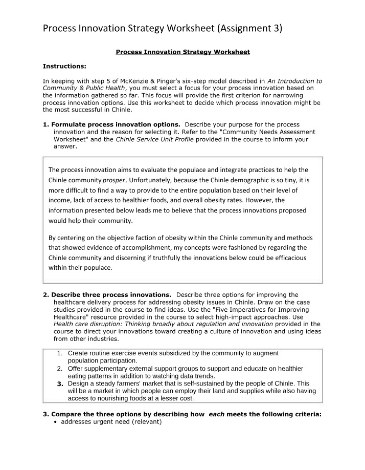 Assignment 3 - Process Innovation Strategy Worksheet