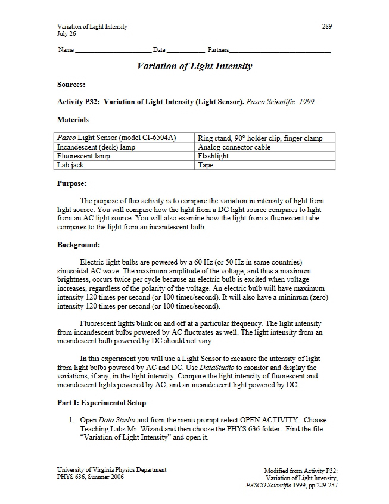 Light Intensity Variations