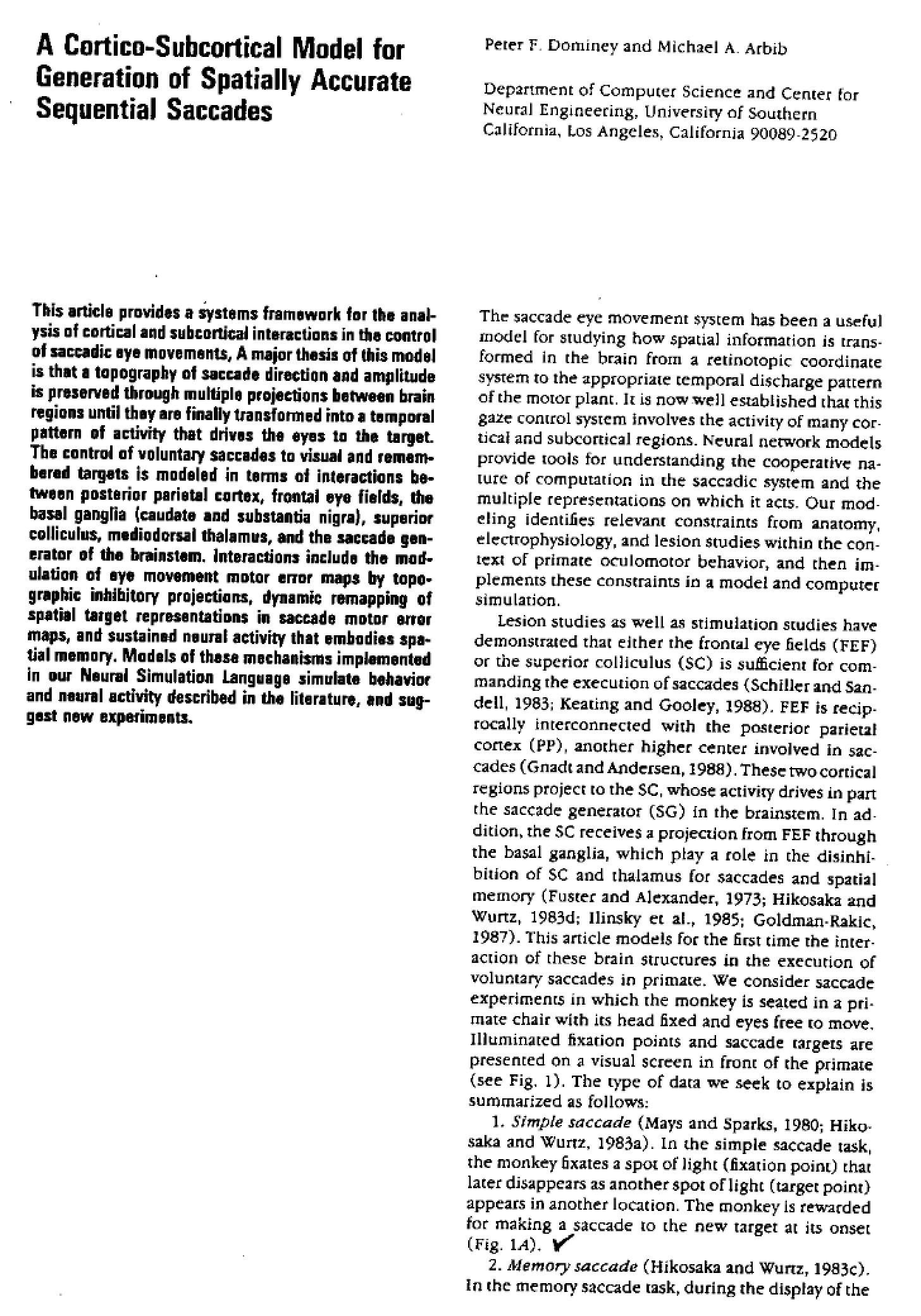 Paper by Dominey and Arbib