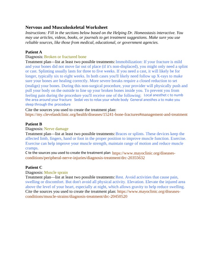 Worksheet - Nervous and Musculoskeletal Systems