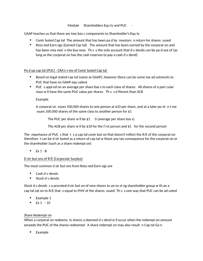 Explanation of Shareholders Equity and PUC