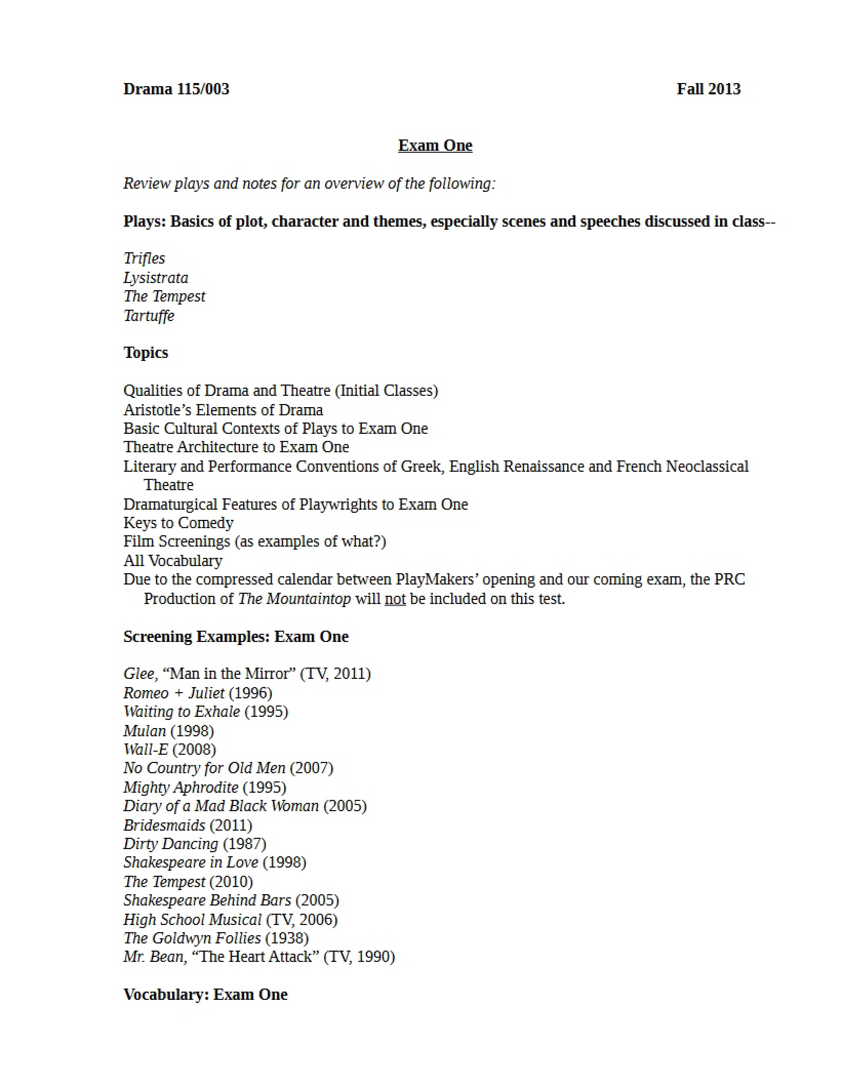 Fall 2013 Exam One Recap