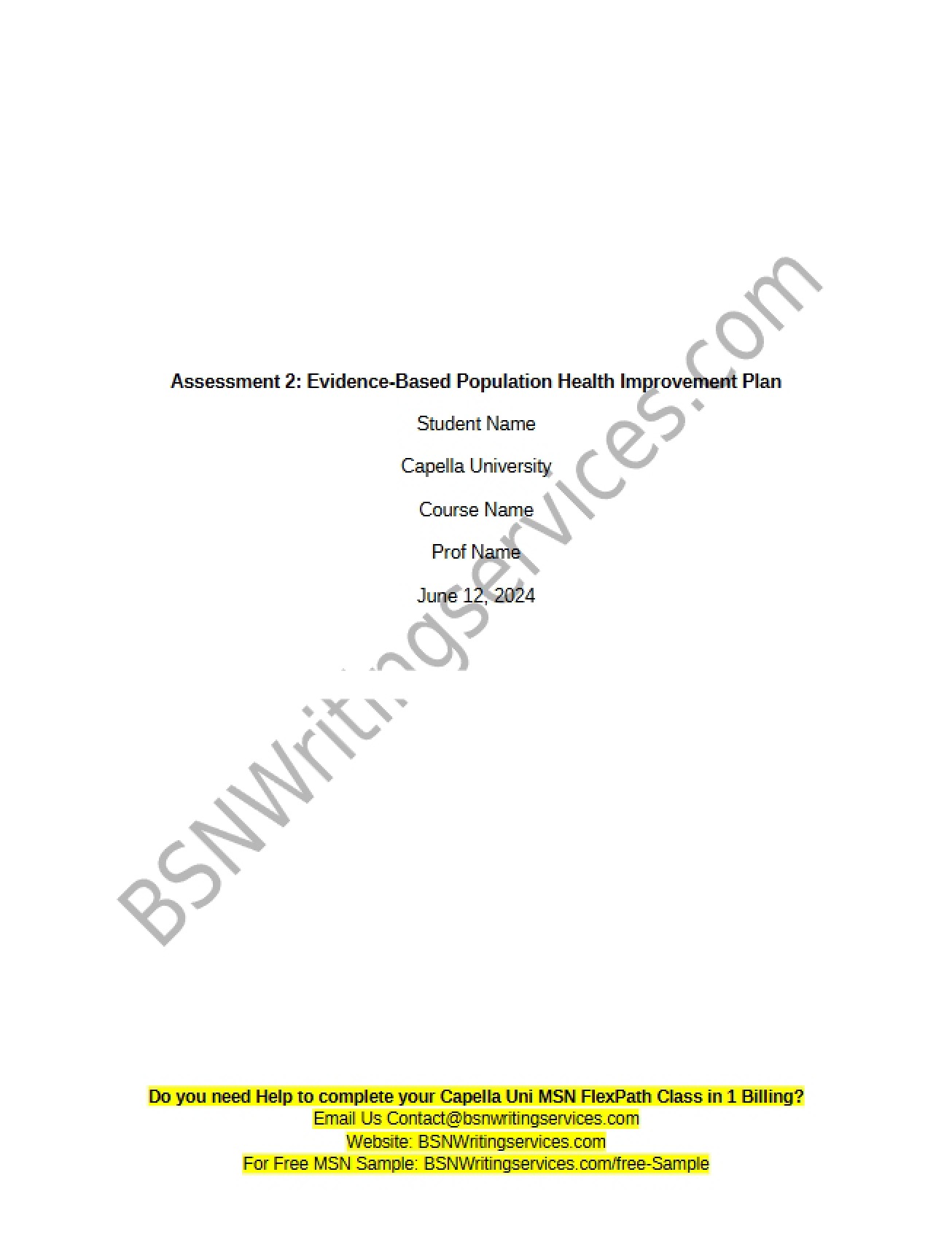 Population Health Improvement Plan (Evidence-Based) Assessment 2