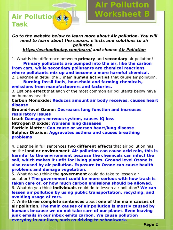 Worksheet B - Air Pollution