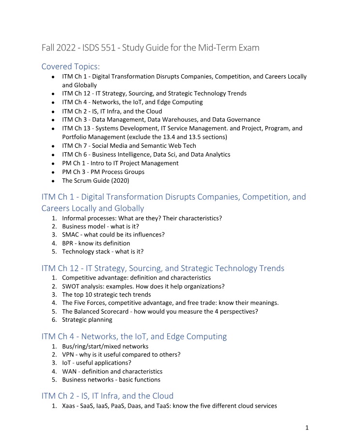 Study Guide for ISDS 551 Mid-term