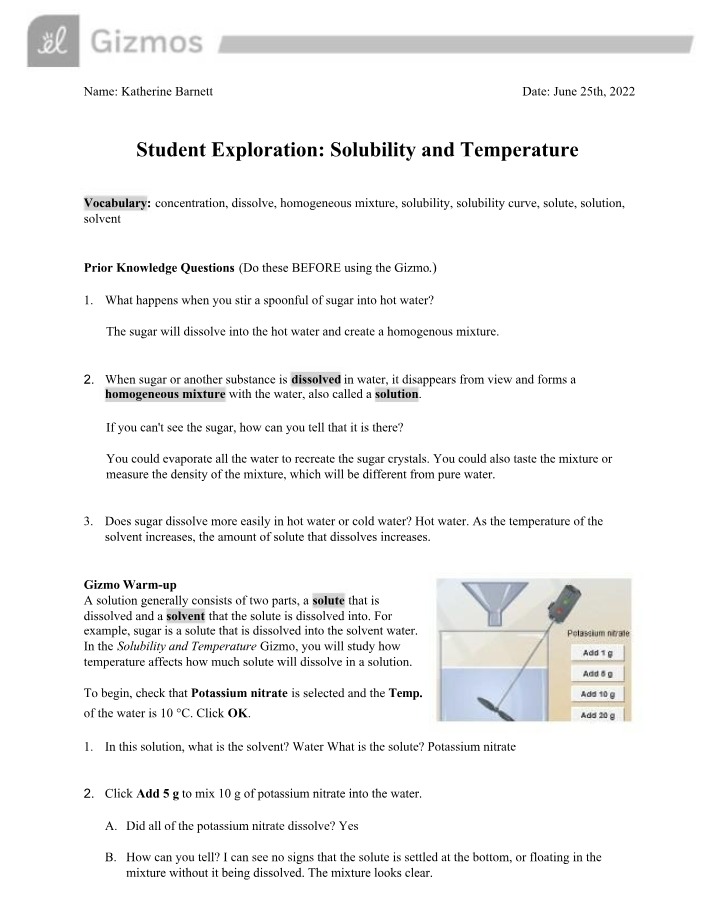 Solubility and Temperature - Student Exploration