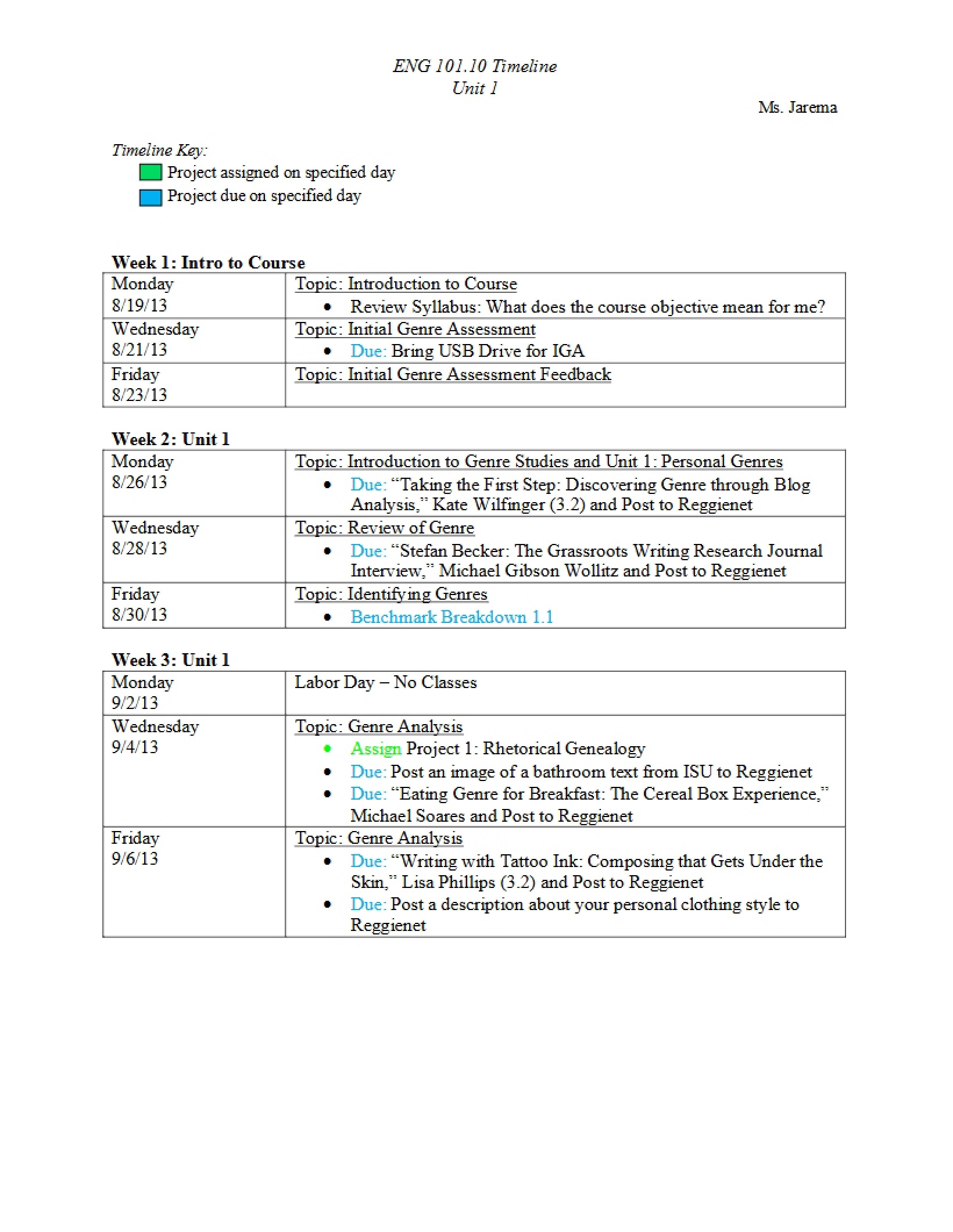 Unit 1 Student Timeline