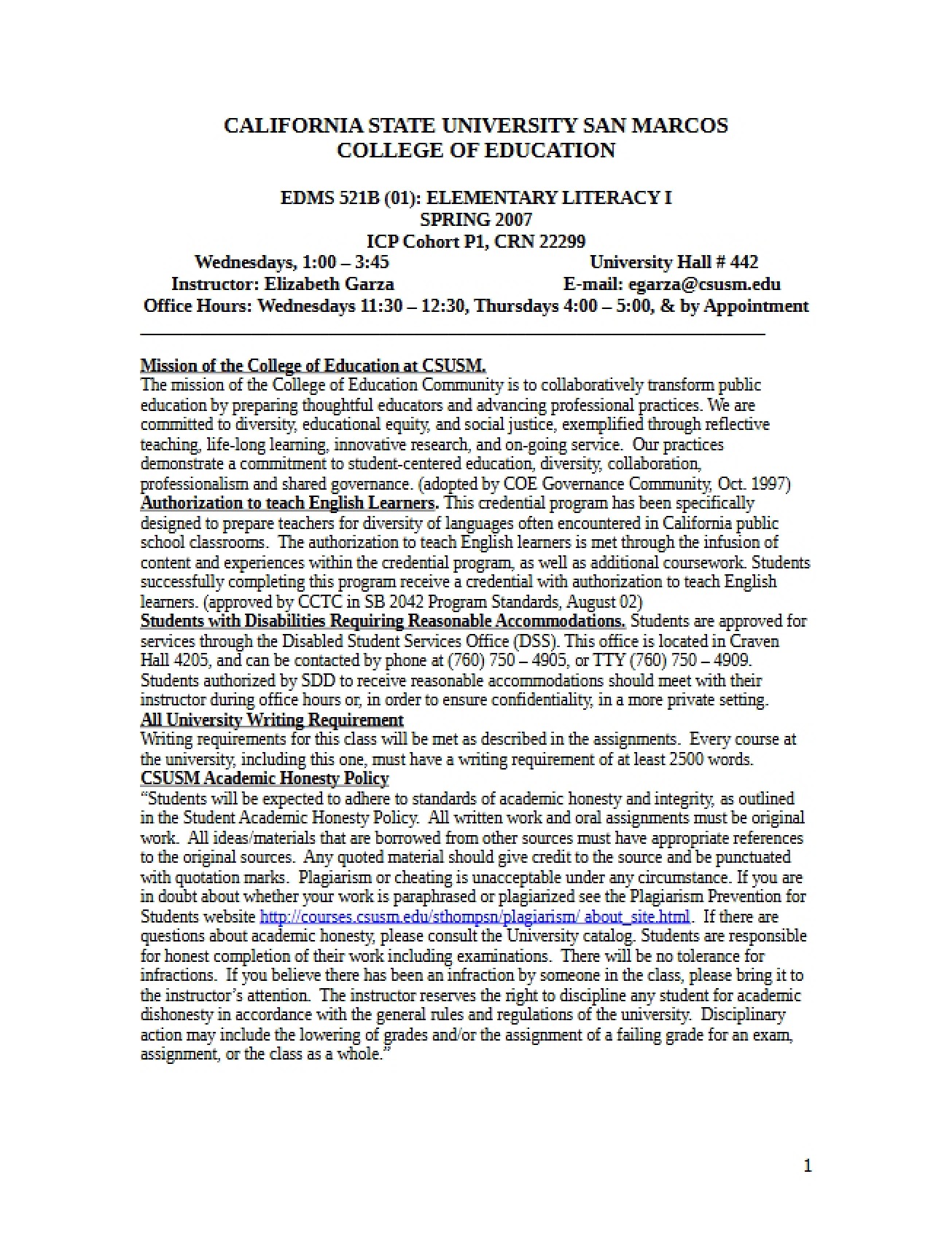 Elementary Literacy One Syllabus V1