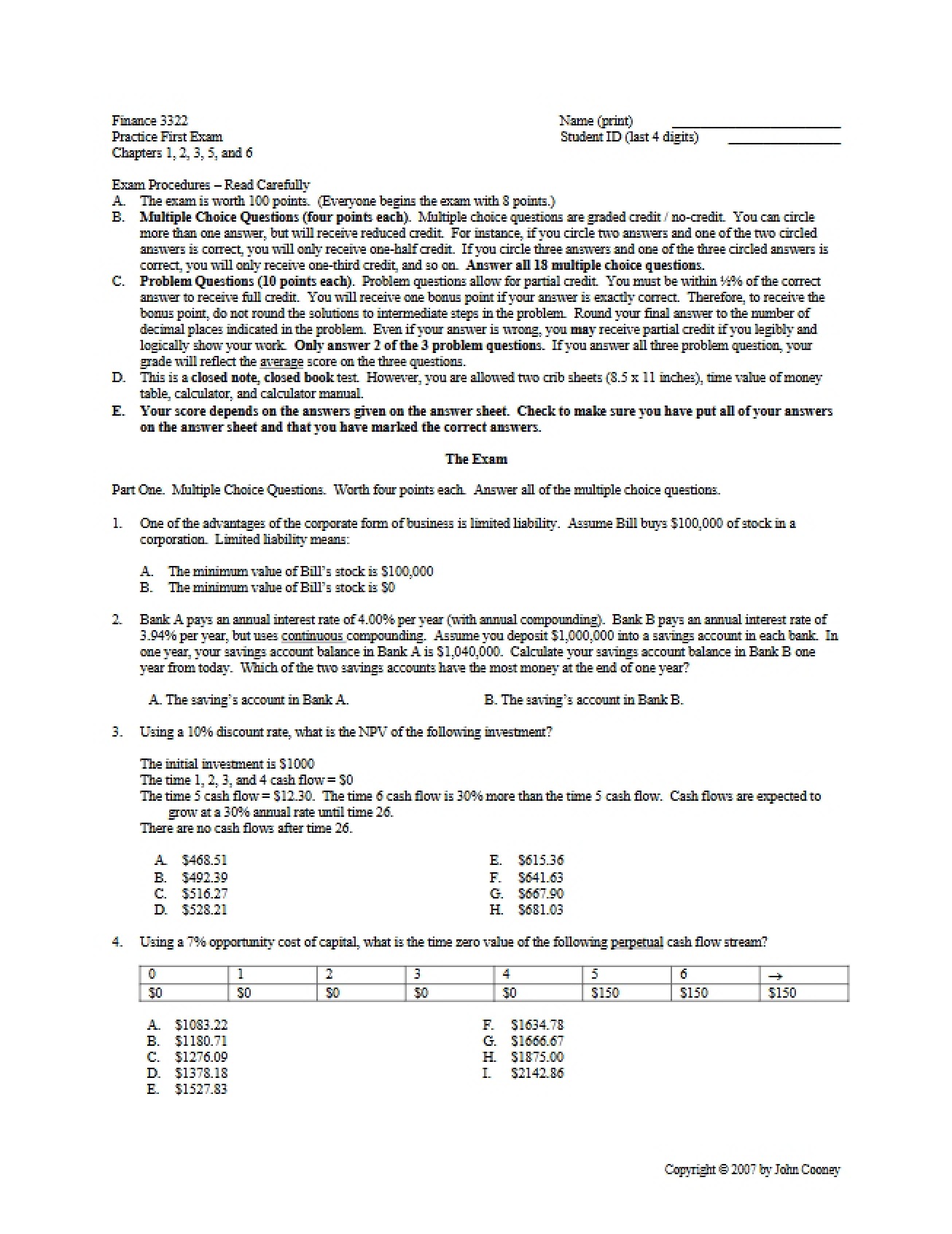 Finance 3322 Practice First Exam