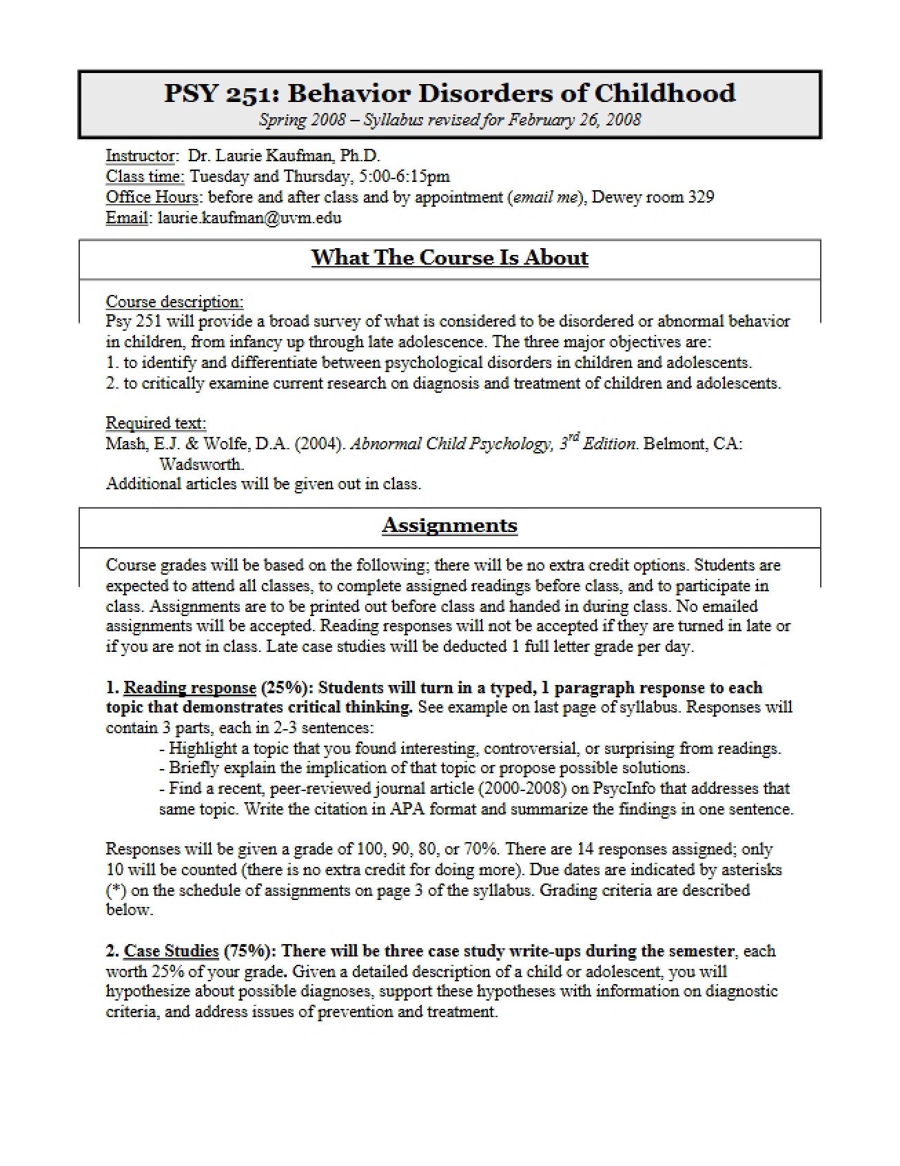 Syllabus for Child Behavior Disorders