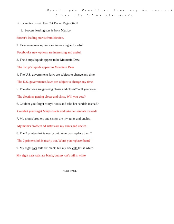 Apostrophe Practice - Correcting Possessive Nouns