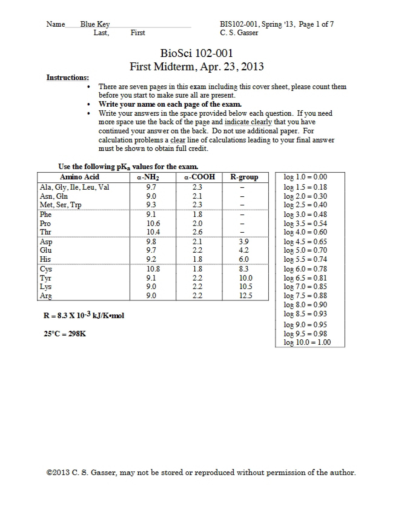 Biology Special Studies Midterm Key C Blue