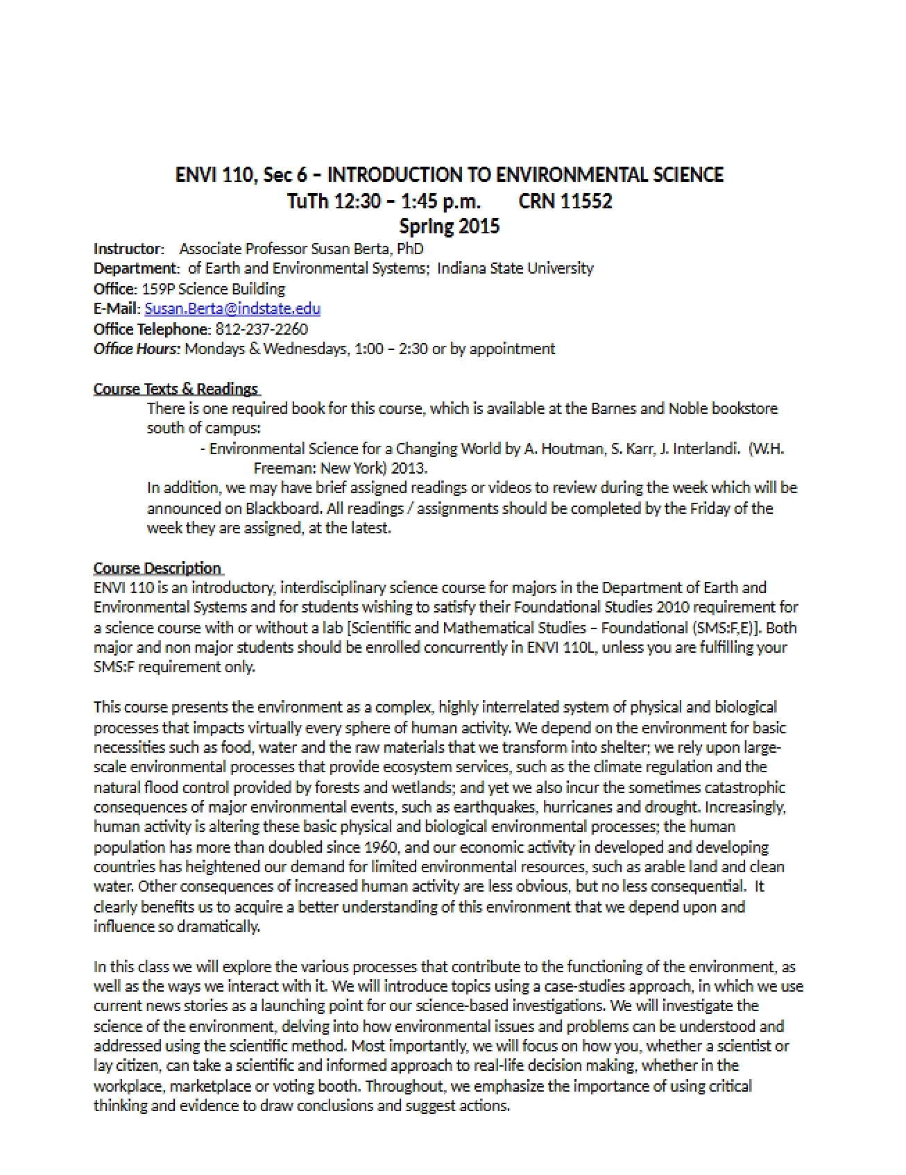 Spring 2015 Syllabus Section 6 for Environmental Science