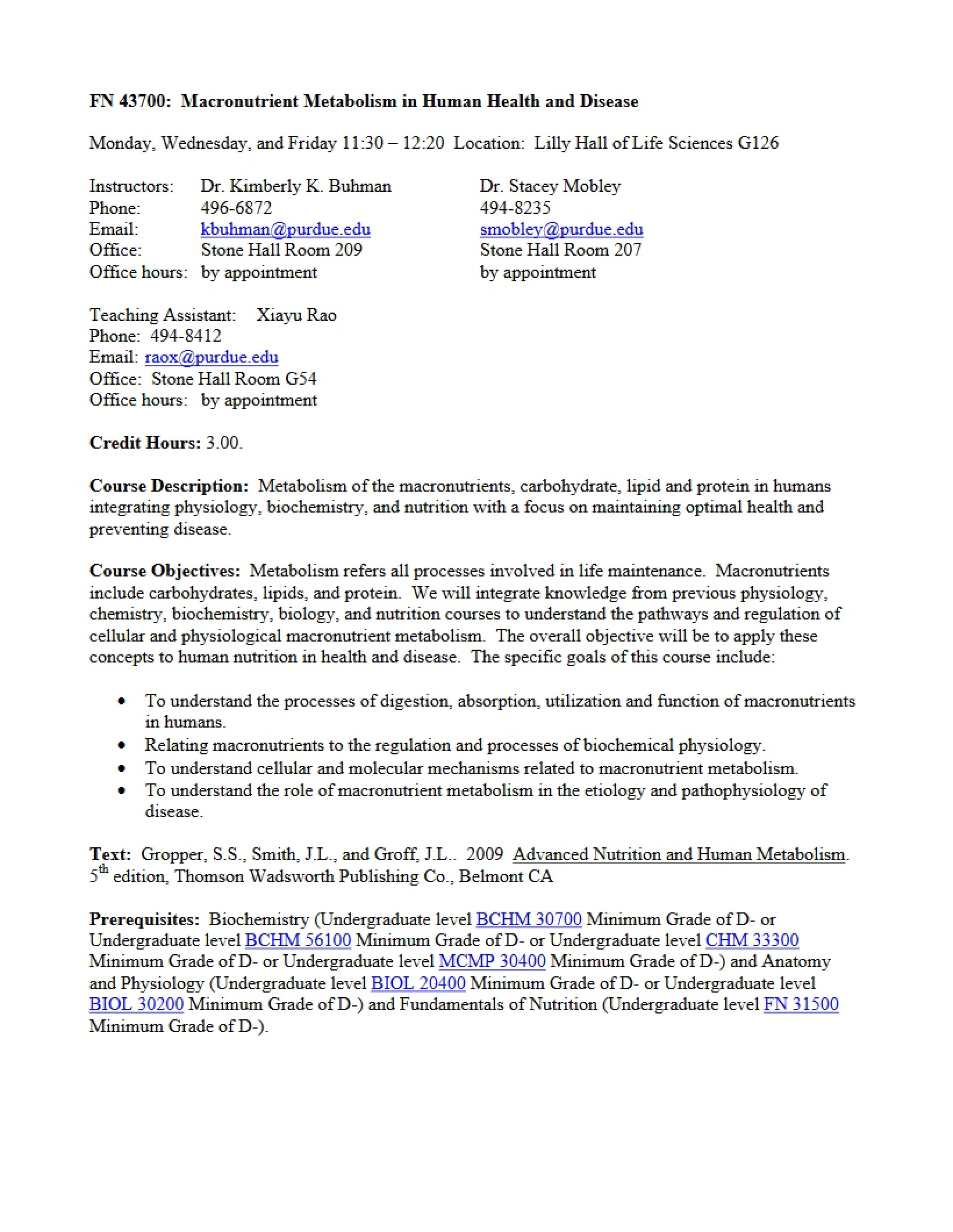 Macronutrient Metabolism Syllabus