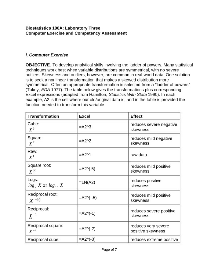 Biostatistics 100A - Lab Three Computer Exercise and Competency Assessment