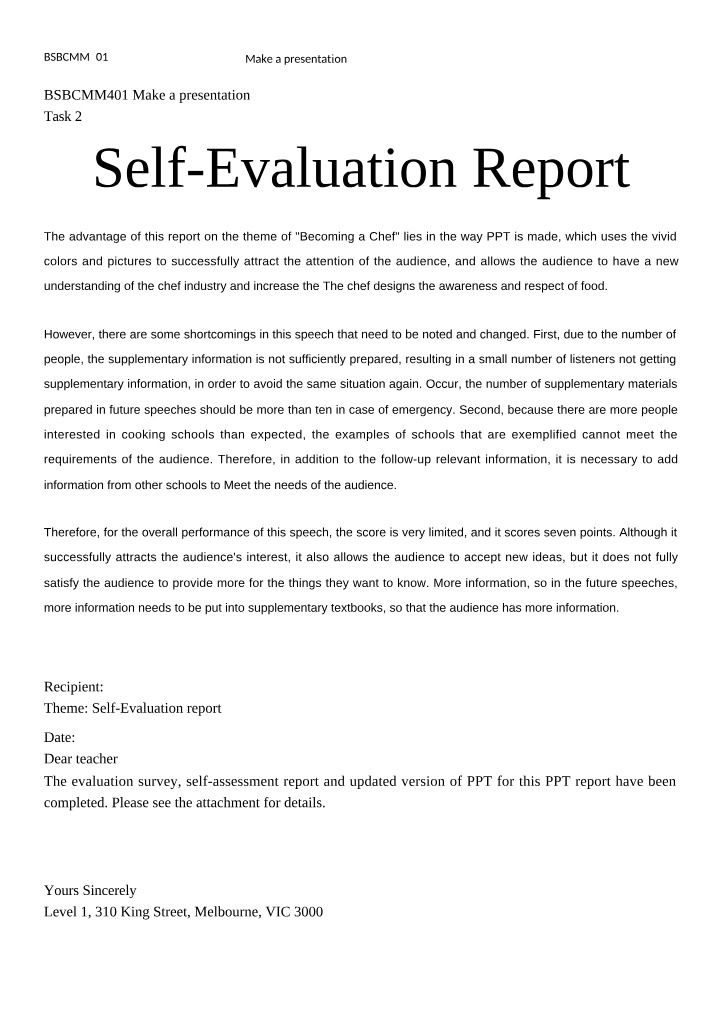 Task 3 Self-Evaluation Report for BSBCMM401