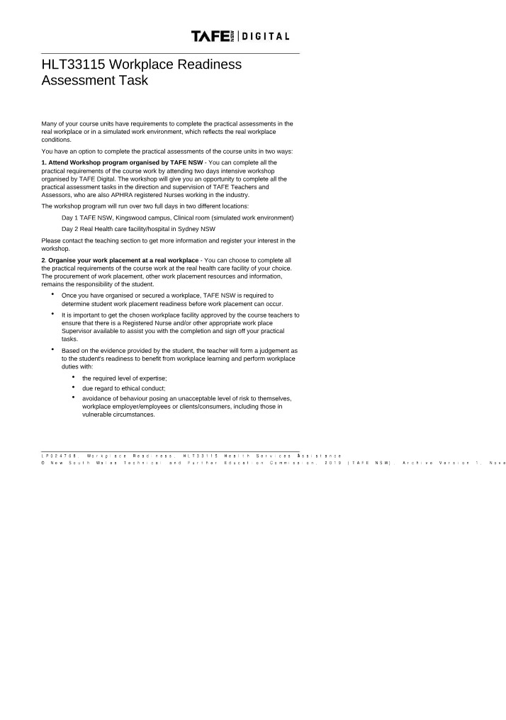 HLT33115 Workplace Readiness Assessment Task Version 2