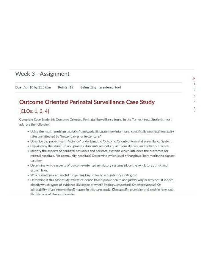 Case Study Assignment - Outcome Oriented Perinatal Surveillance