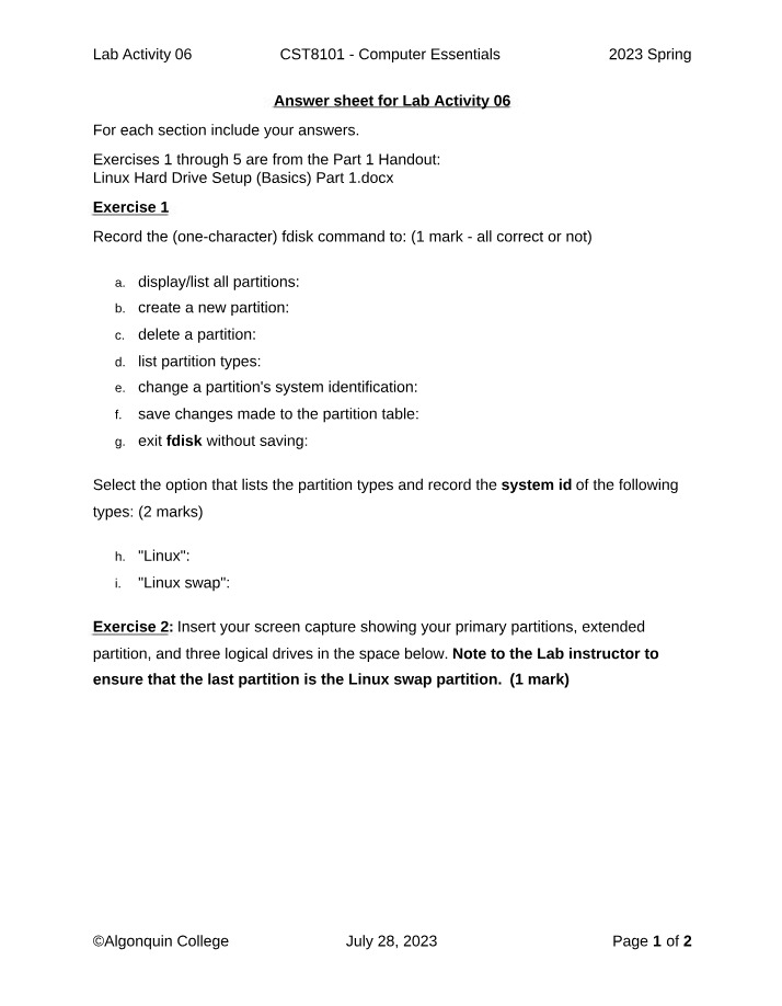 Answer Sheet for Lab Activity 06