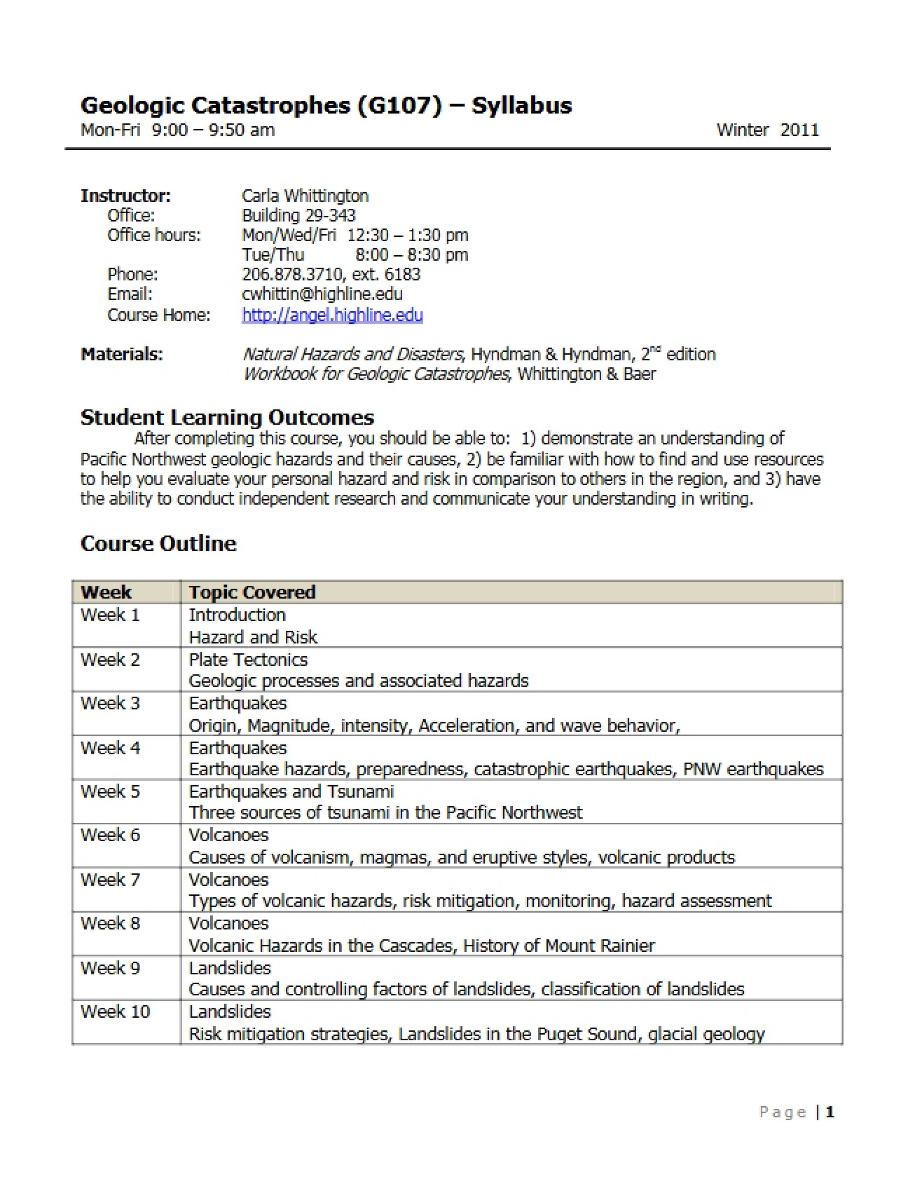 Geologic Catastrophes Course Syllabus
