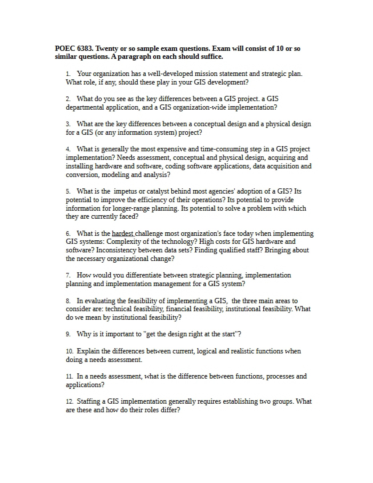 Sample Exam Question GIS Management