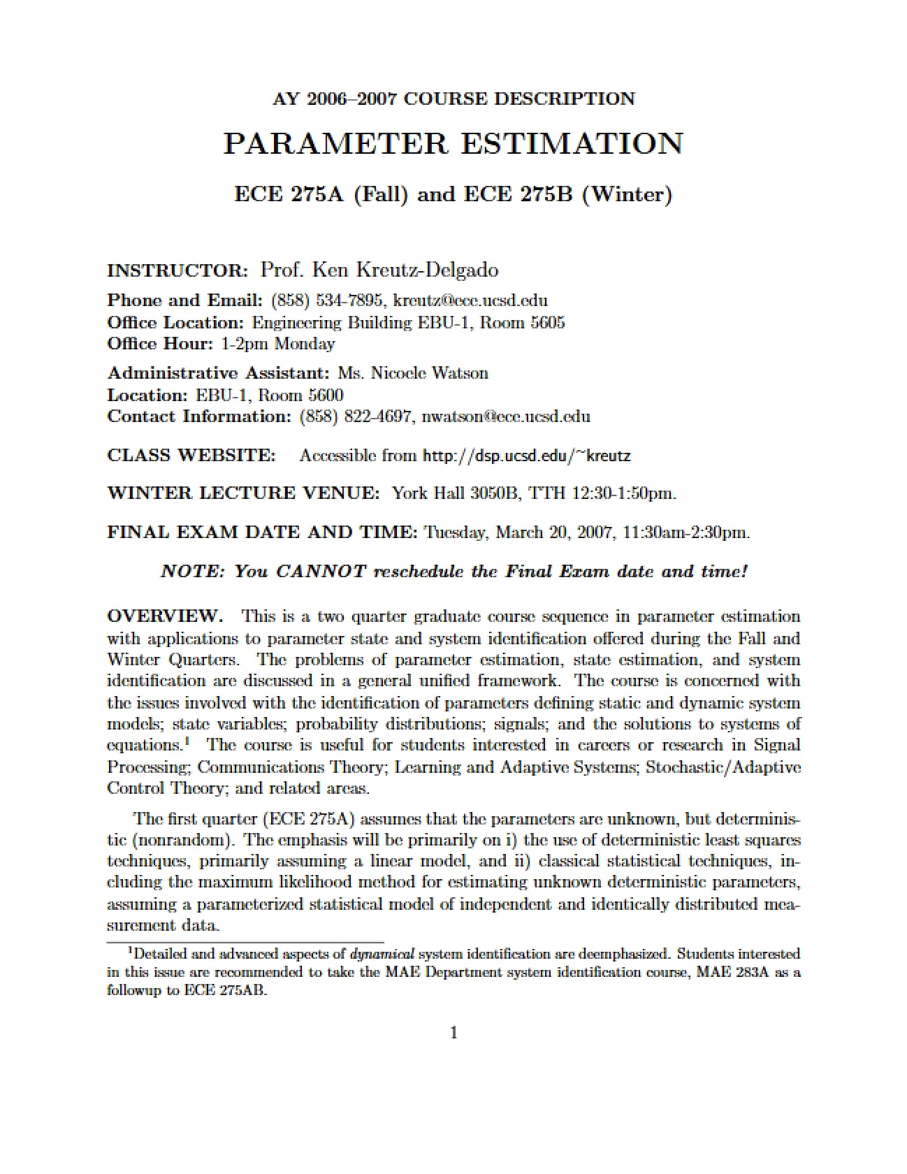 Introductory Parameter Estimation Syllabus