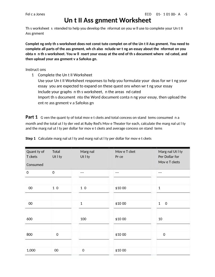 Worksheet for Unit II Assignment