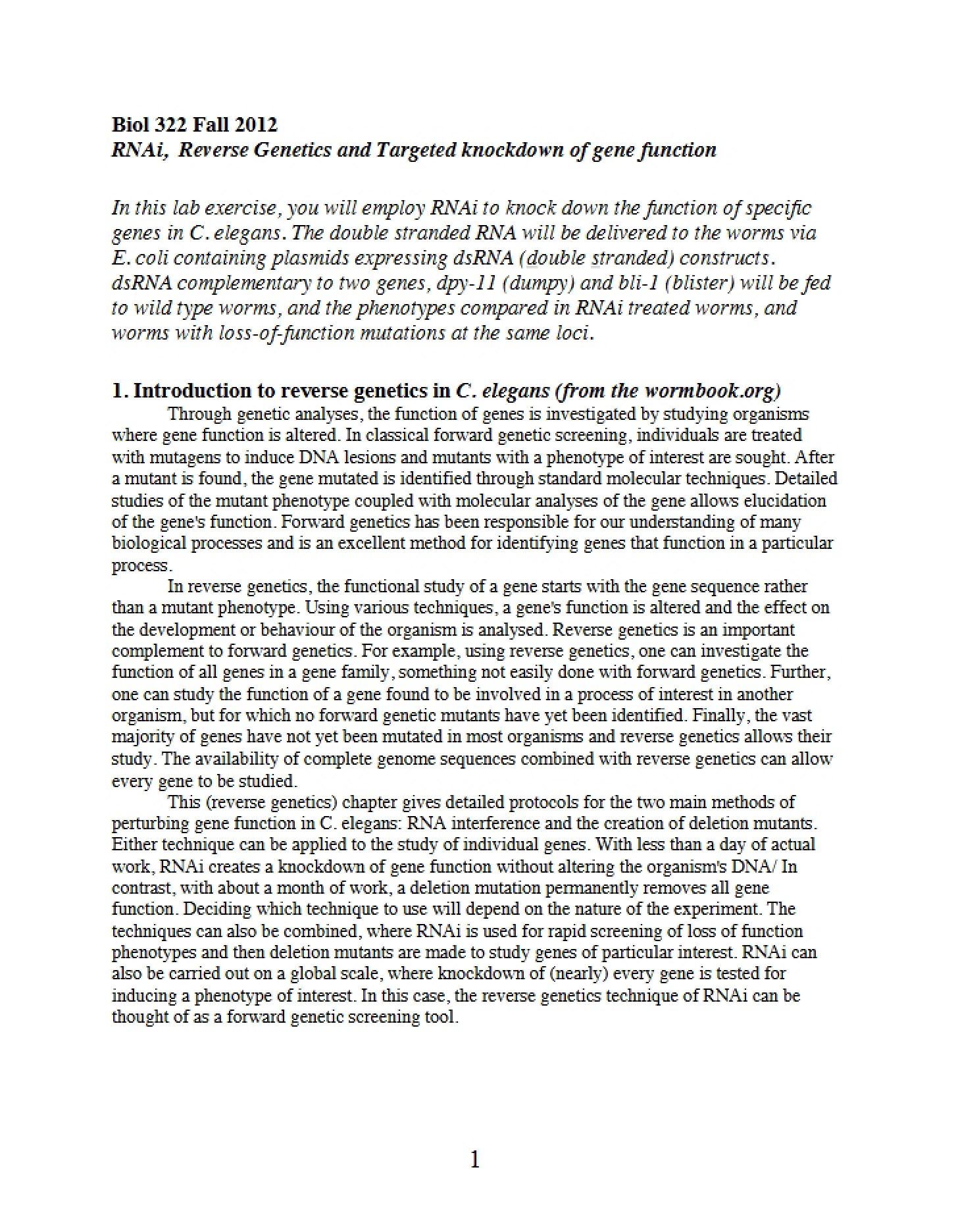 Targeted Gene Function Knockdown and RNAi Reverse Genetics
