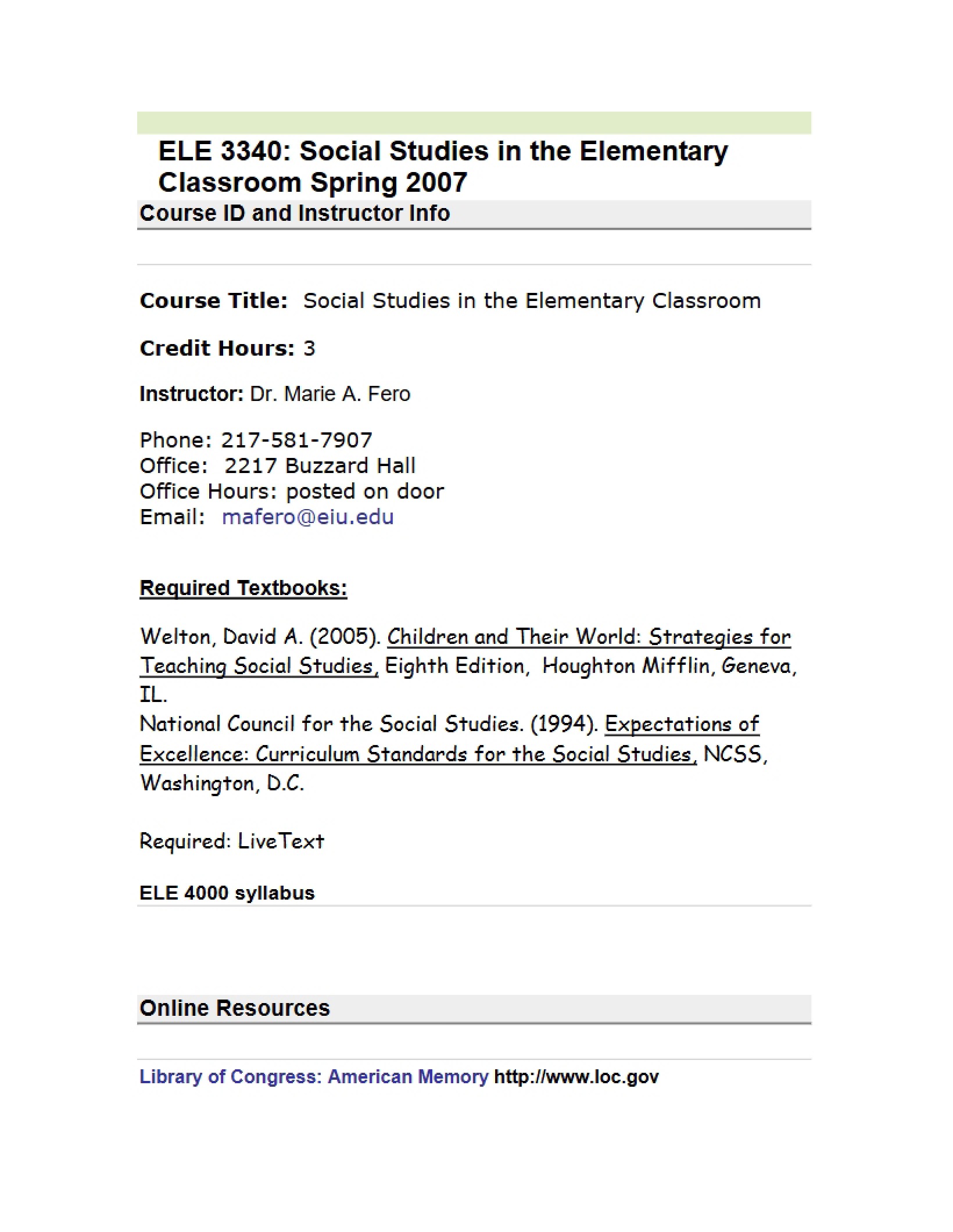 Syllabus - Social Studies for the Elementary and Middle School