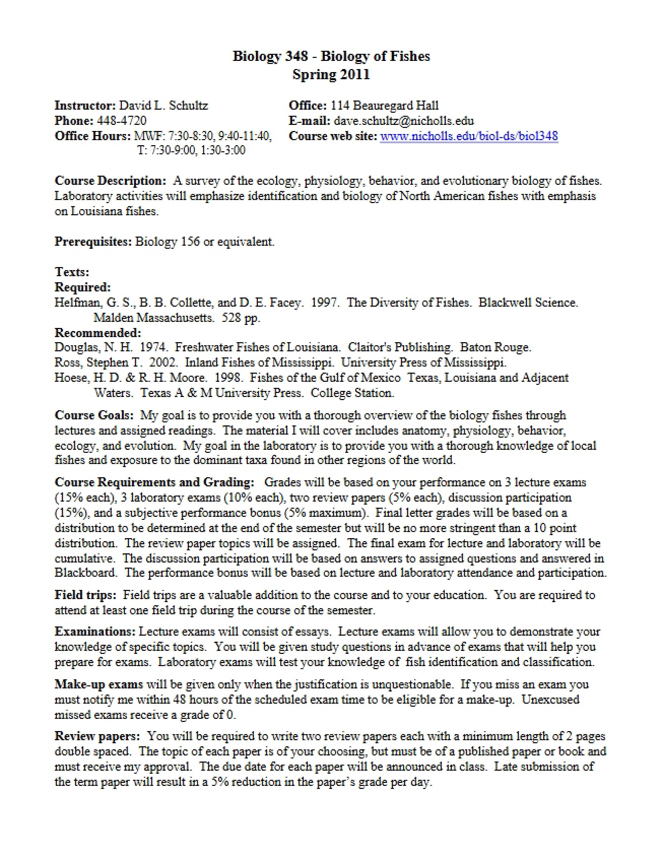 Biology of Fishes Syllabus