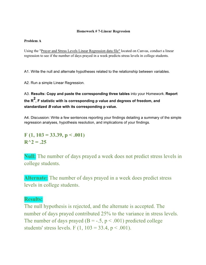 Linear Regression Analysis - Prayer, Stress, and Cooking