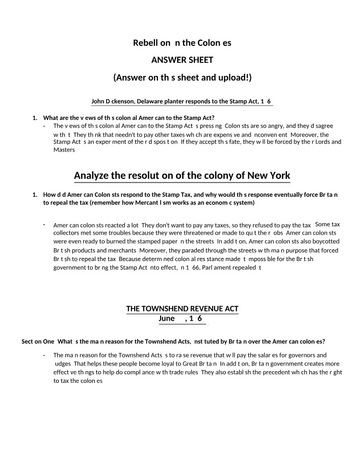 Answer Sheet for The Stamp Act and Colonial American Rebellion