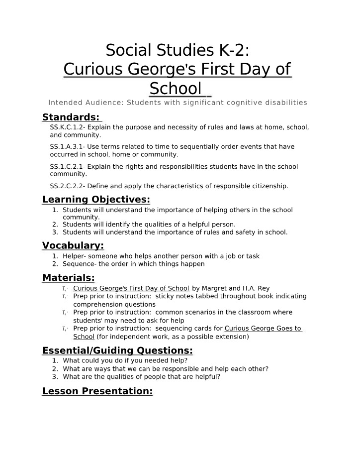 Lesson Plan for Curious George's First Day of School