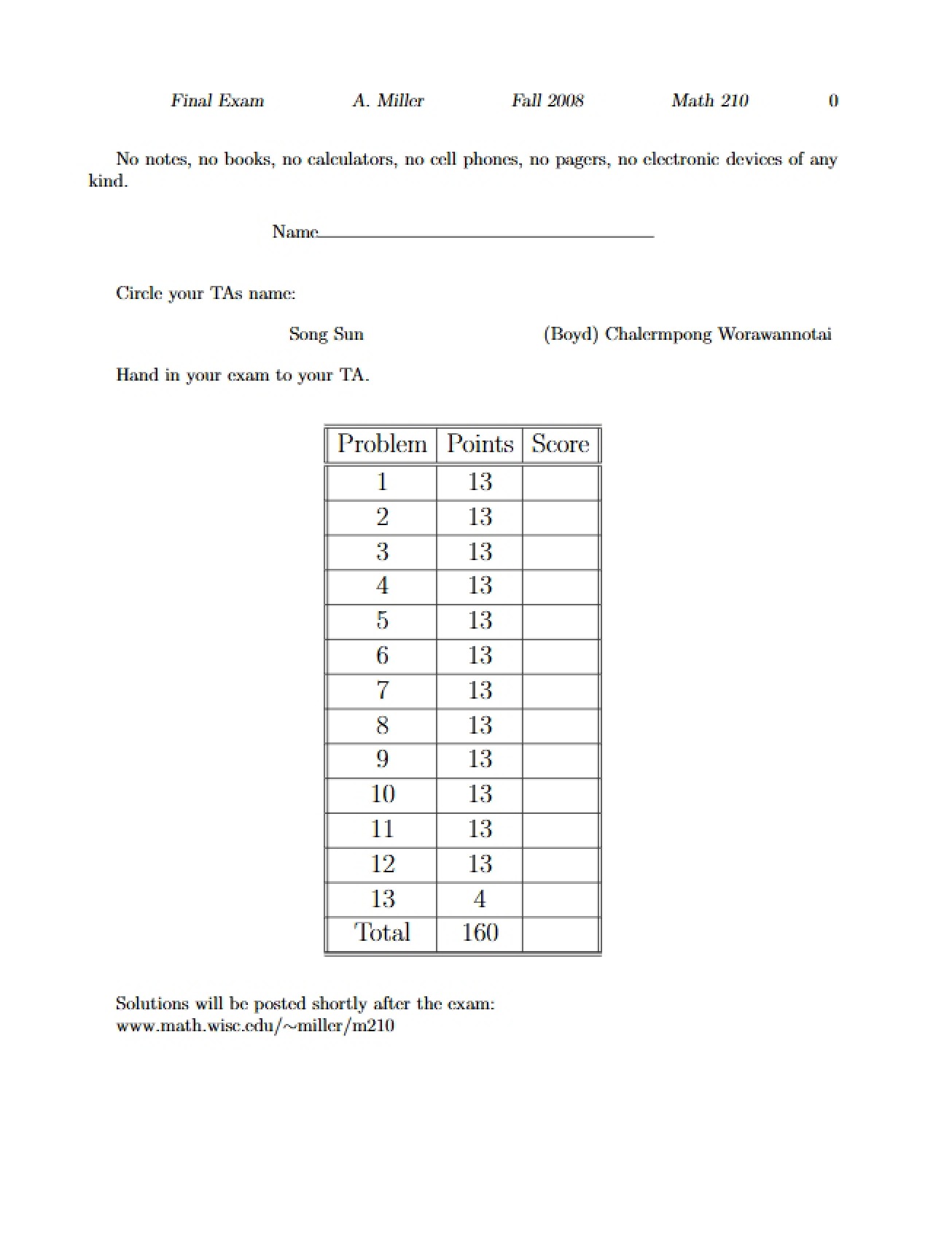 Final Exam for Math 210