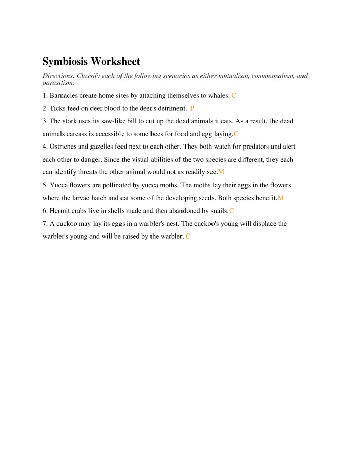 Worksheet on Symbiosis