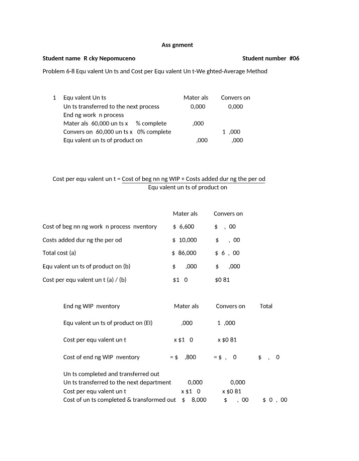 Weighted-Average Method Exercises for Equivalent Units and Cost