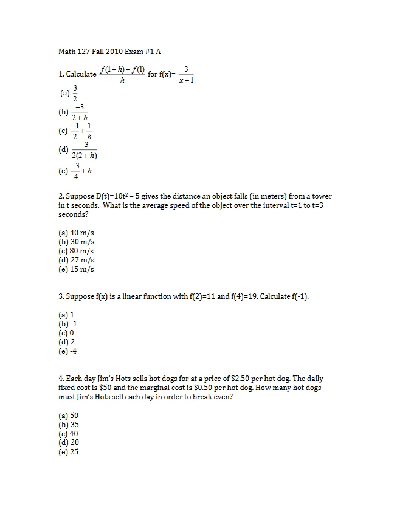 First Exam (Version A)