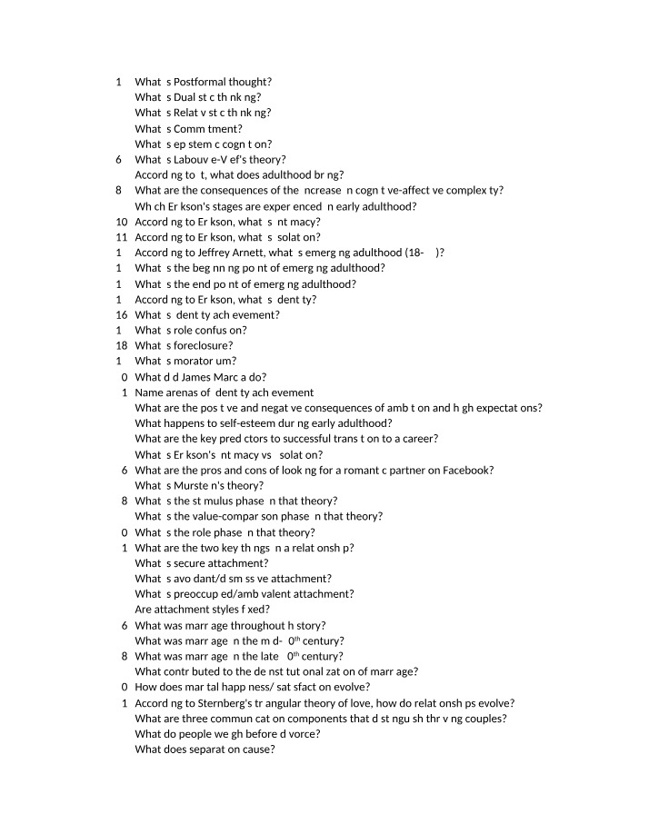 Early Adulthood - Study Questions