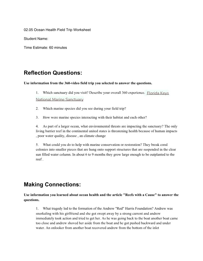 Worksheet for Ocean Health Field Trip