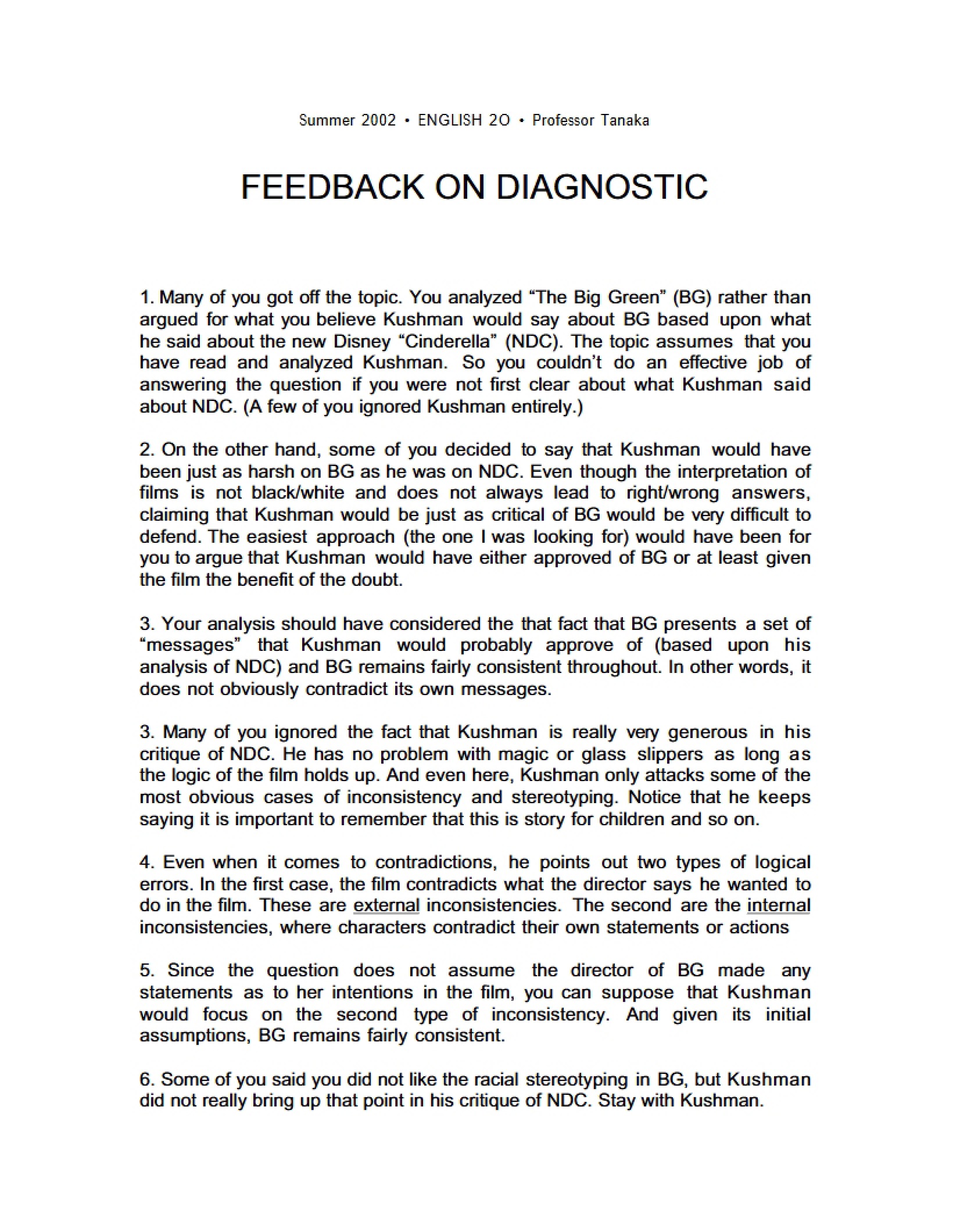 Diagnostic Assessment Feedback
