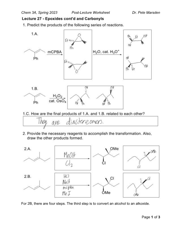 Worksheet on Diastereomers and Alcohol for Chem 3A