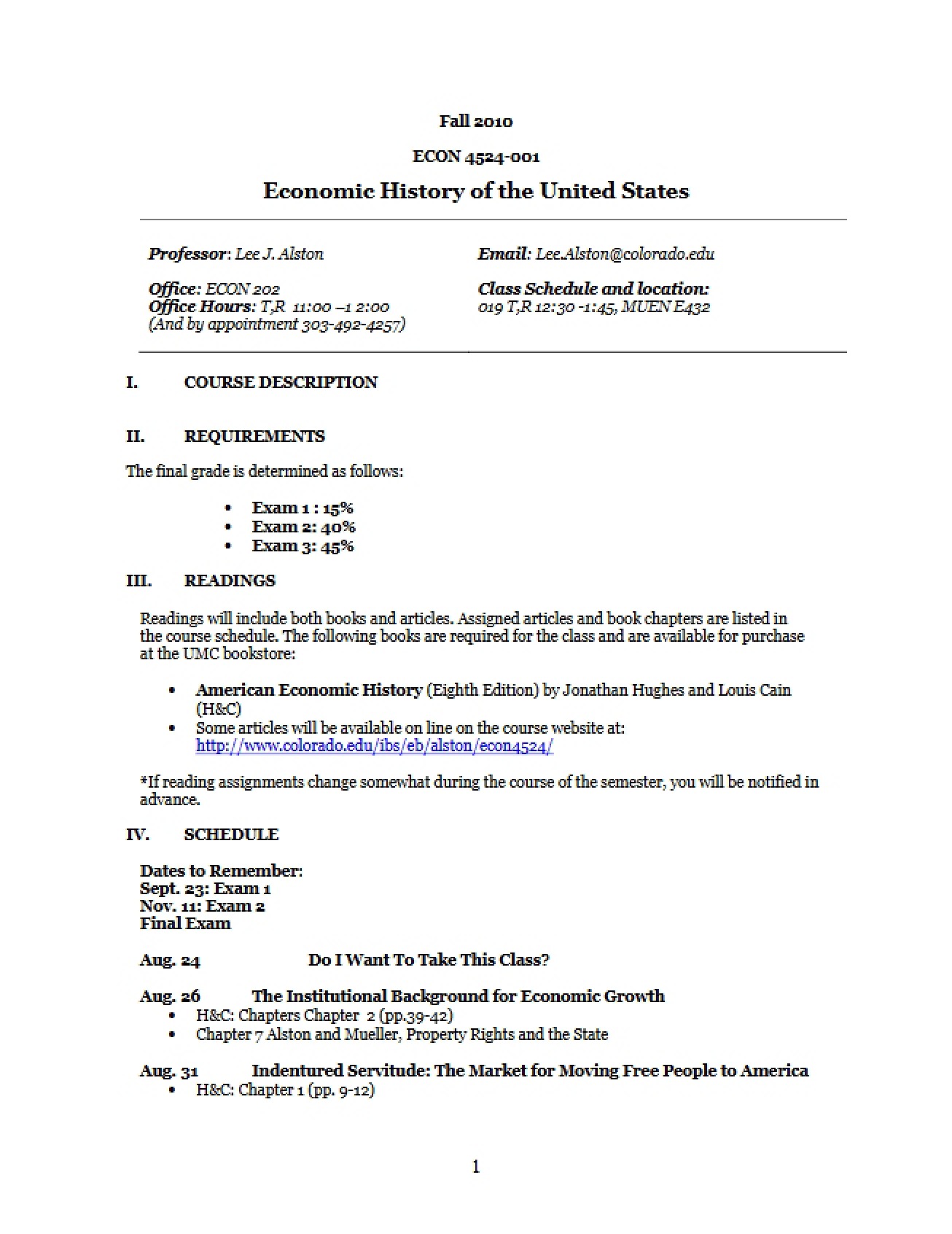 Economic History of the United States Syllabus