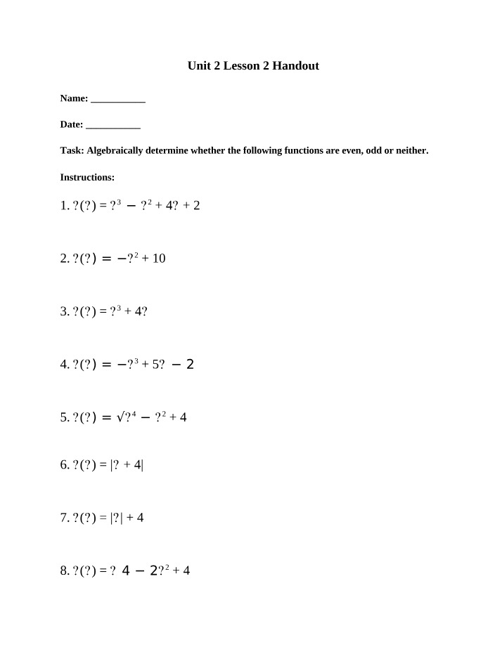 Worksheet for Unit 2, Lesson 2